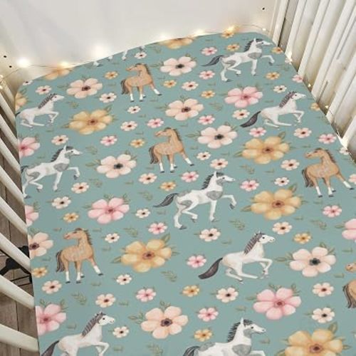 Watercolor Horse Floral Baby Crib Sheets for Boy Girl 52"x28" Running Horses Boho Flowers Soft Snug Fitted Crib Mattress Cover Wild Animals Baby Sheet for Standard Crib & Toddler Bed Mattress Green