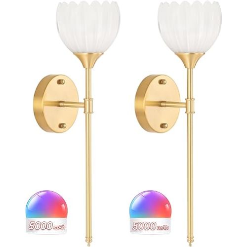 Shenmoyl Battery Operated Wall Sconce Set of 2, White Tulip Vintage Wall Light Fixture Rechargeable 5000mAh Battery Powered Wall Lamp with Remote for Living Room Bathroom