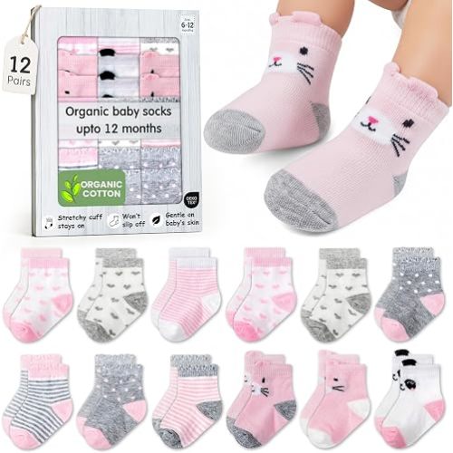 Organic Cotton Blend 12 Baby Socks Infant Unisex 6-12 Months Gift
