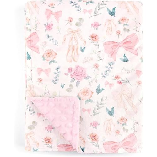 GFU Baby Blanket for Boys and Girls, Soft Minky Infant Receiving Blanket with Dotted Backing Double Layer, Newborn Toddler Bed Blanket with Pink Flowers, 30 x 40 Inch