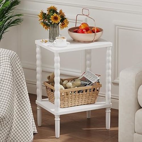 Small Narrow Side Table, Vintage End Table - Skinny Bedside Nightstand for Small Spaces, Couch/Recliner Accent Table for Bedroom Living Room Nursery, No-Tool Assembly (White)
