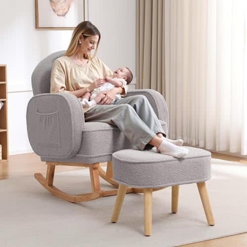 HCHAIRH Nursery Rocking Chair with Ottoman, Upholstered Glider Rocker with High Backrest and Side Pocket, Rocking Accent Armchair with Solid Wood Legs for Nursery, Living Room, Bedroom Light Grey