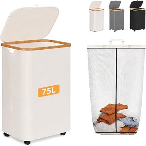 Slim Laundry Hamper with Wheels 75L with Removable Wash Bag White
