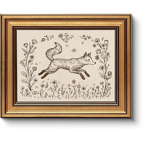 WHASAYART Gold Framed Vintage Wall Art Fox 10L x 8W