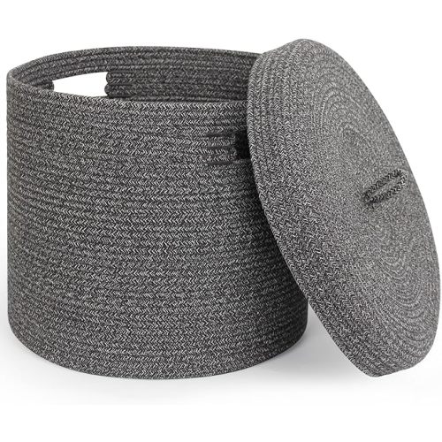 Storage Basket with Lid, Woven Blanket Storage for Living Room, Cute Cotton Rope Bin with Lid, Round Wicker Laundry Basket with Cover, Decorative Kid Dog Toy Box, Nursery Organizer, 15"x13"