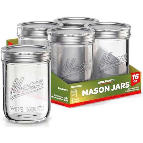 SEWANTA Wide Mouth Mason Jars 16 oz [10 Pack] With mason jar lids and Bands, mason jars 16 oz - For Canning, Fermenting, Pickling - Jar Décor - Microwave/Dishwasher Safe.