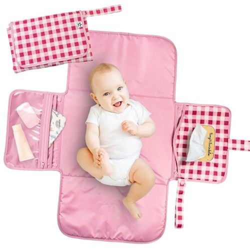 Tiny Twinkle Portable Diaper Changing Pad | Waterproof, Wipeable & Compact Baby Changing Pad for Travel | Smart Wipes Pocket & Organized Storage| Newborn Shower Gift (Raspberry Gingham)