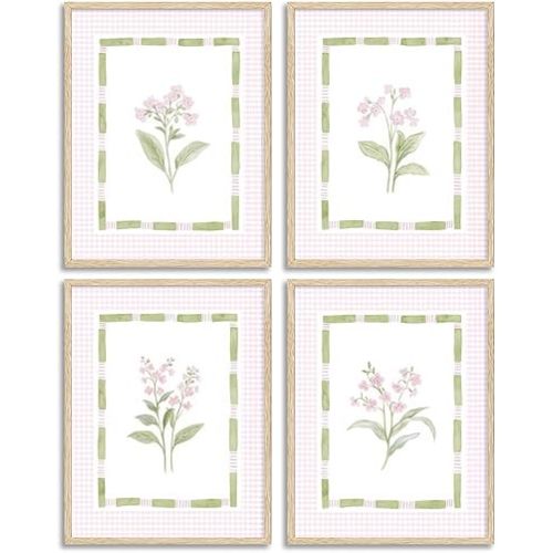 EEJDSHU Pink Floral Nursery Wall Art Watercolor Wildflower Pictures Wall Decor Sage Green Botanical Posters Vintage Grandmillenial Flower Painting Print Artwork for Baby Girls Room Bedroom, Unframed