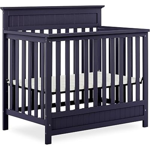 Dream On Me Harbor 4‑in‑1 Convertible Mini Baby Crib in Navy, GreenGuard Gold & JPMA, Non-Toxic, Pinewood, Converts to Mini Daybed & Twin Bed, 1″ Mattress Pad, Perfect for Small Nurseries
