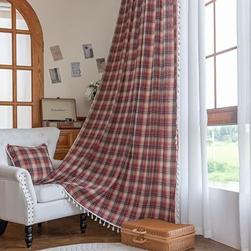 Plaid Curtain 59W x 72L Inches,2 Panel Light Filtering Privacy Rod Pocket, Vintage Handmade Tassels Country Decor Drapery.Drape Textured Tartan Curtain for Living Room Bedroom (Red)