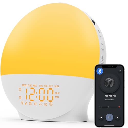 2025 Upgraded Wake Up Light Sunrise Alarm Clock for Bedroom, 22 Soothing Sounds, 17 Night Lights, Bluetooth Speaker Auto Time Sync, Sleep Timer, Music Rhythm Effect, Toddler Kids Bedroom
