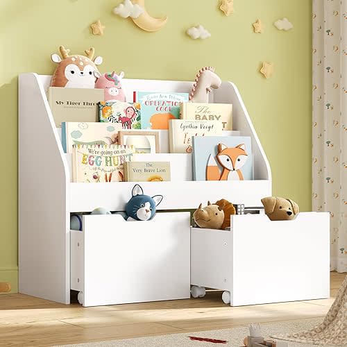 Kids Bookshelf - 4 Tier Small Bookcase for Kids Room, Toy Storage for Children with 2 Movable Drawers, Hidden Wheels, Toddler Book Display Shelves for Classrooms, Nursery, Playroom and Bedroom, White