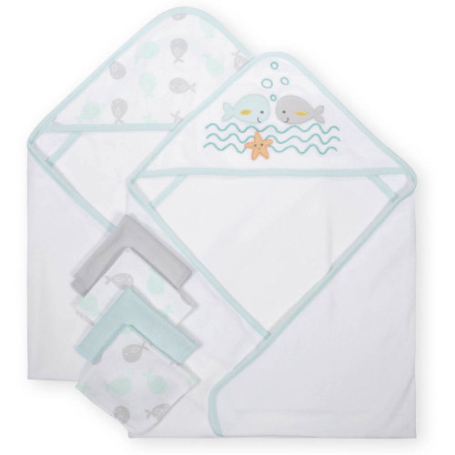 Koala Baby 2-Pack Hooded Towel & 4-Pack Washcoth Set, Whales