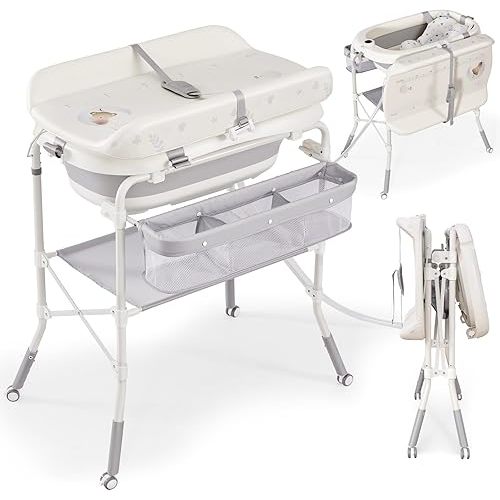 Baby Bathtub with Foldable Changing Table, Standing Infant Bath Tub for Newborn Toddler Shower, Portable Diaper Changing Station with Stand