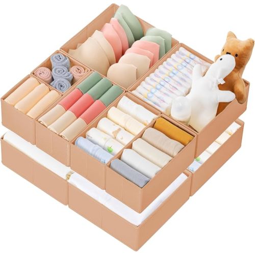 Drawer Organizer Clothes, 10 Pack Dresser Organizer for Baby Clothes, Underwear, Sock- Foldable Closet Organization and Storage Dividers Bins for Nursery, Bedroom (Beige)