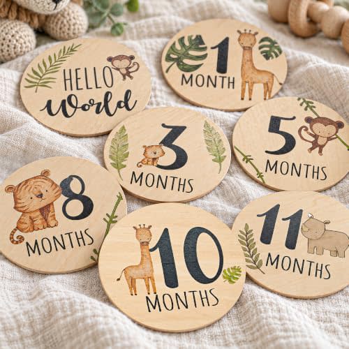 Baby Monthly Milestone Cards Sign - 7 Double Sided Animals Marker Wooden Circles Discs Newborn Photography Prop, Pregnancy Journey Birth Announcement Sign Baby Boy and Girl Gift Sets