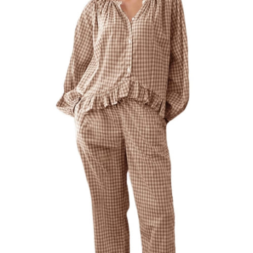 Flygo Womens Plaid Pajamas Sets 2 Piece Cotton Pj Set Puff Sleeve Ruffle Babydoll Shirt Gingham Pants Lounge Sets