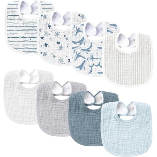 Konssy 8-Pack Muslin Baby Bibs, Adjustable Fit for Drooling and Teething