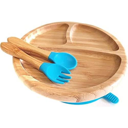 Skylarq Premium Bamboo Baby Feeding Set - Baby Plates with Suction - Suction Plate Baby - Bamboo Divided Plate Set - Perfect Baby Gift Set - BPA-free - Bamboo Baby Plate, 7.9 x 7.9 x 2.6 (Bubbly Blue)