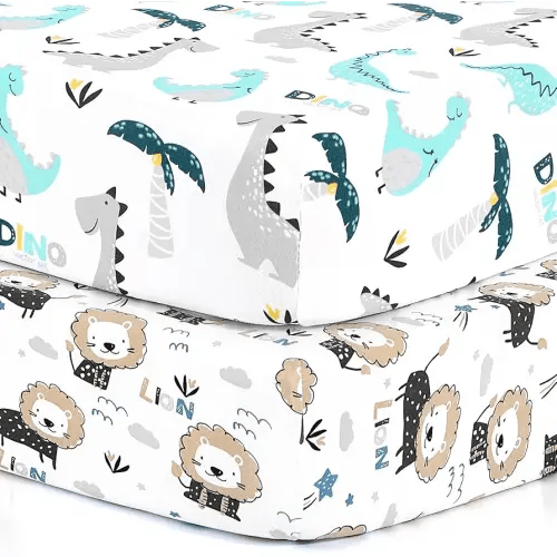 Pack n Play Sheets, BROLEX 2 Pack Mini Crib Sheets,Stretchy Portable Fitted Playard Sheet Set, Convertible Playard Mattress Cover,Ultra Soft Breathable Material,Dinosaur Lion
