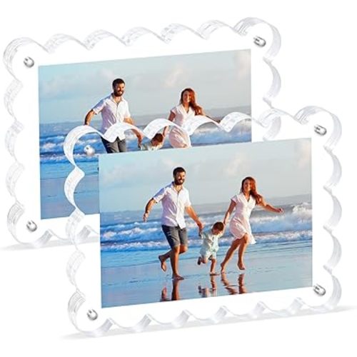 Scalloped Magnetic Picture Frame 4x6 Inch - 2Pack Clear Acrylic Photo Frame, 20mm Thick Double-Sided Magnet Design, Trendy Desktop Display for Home/Office Decor (2 Pack, 4X6)