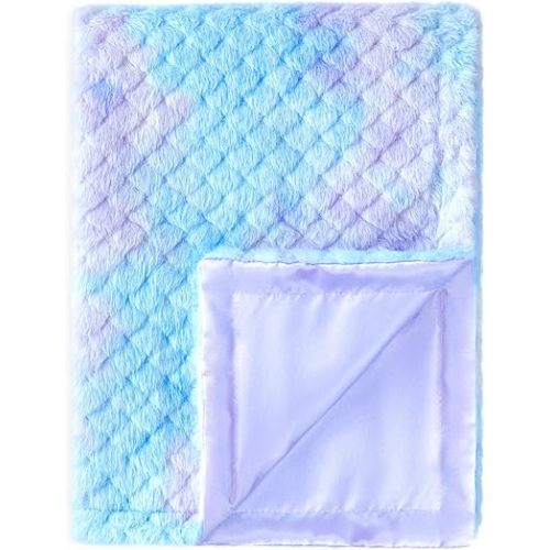 Baby Blanket for Boys Girls Reversible Fluffy Fuzzy Fleece & Skin-Firendly Silk Silky Backing, Cozy Soft Plush Blanket for Toddlers Swaddling, Stroller, Playtime Rainbow Blue 30 x 40 Inch
