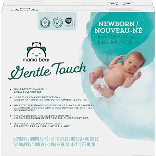Amazon Brand - Mama Bear Gentle Touch Diapers, Hypoallergenic with Leak Protection, Size Newborn, 120 Count (4 packs of 30)