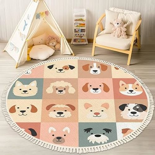 Round Boho Rug Cute Dogs for Kids and Baby Animals Nursery Poster for Greeting Cards Area Rug Linen Rug Carpet Patio Rug 4 ft