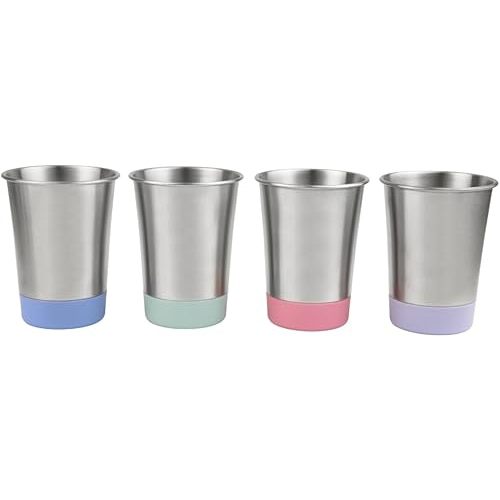 Elk and Friends Stainless Steel Kids + Toddler Drinking Cups | 12oz Tumblers with Colored Base | Durable + Stackable | Travel, Camping + Outdoors | Dishwasher Safe | 4 Pack