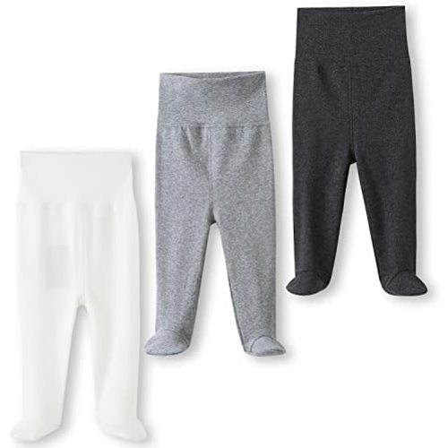 ACESTAR Newborn Infant Baby Boys Girls 3-Pack Cotton High Waist Footed Pants with Feet 0-12 Months