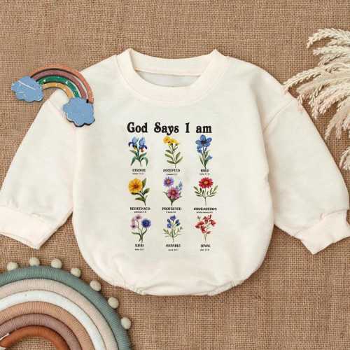 Christian Baby Romper Sweatshirt, God Says I Am Baby Outfit, Faith-Based Toddler Sweater, Inspirational Baby Gift, Bible Verse Baby Romper