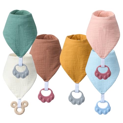 COOROBIN Baby Teething Bibs 6-Pack with Attachable Teether - 100% Organic Cotton, Super Absorbent & Soft Drool Bibs