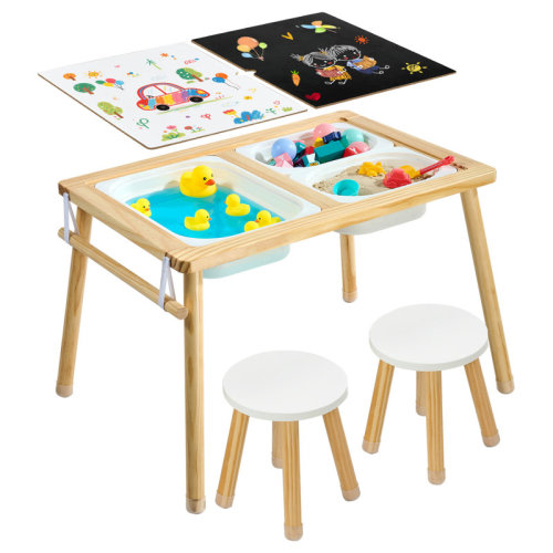 VEVOR Sensory Table for Toddlers, Wooden Kids Activity Table with 2 Stools, Double-Sided Board, Storage Bins, and Non-Slip Feet, for Boys and Girls Playing Sand and Water, Drawing, Studying, Dining | Wayfair