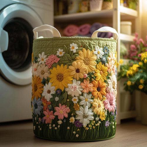 Sunflower Wildflower Garden Quilted Laundry Basket, Summer Floral Nature Yellow Fabric Hamper, Bright Room Decor Gift