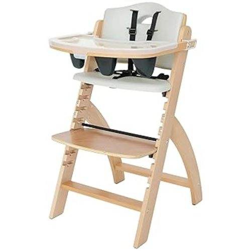 Abiie Beyond Junior Wooden High Chair for Babies and Toddlers - Convertible 3-in-1 Baby Highchair with Removable Tray - 6 Months to 250 Lb - Water Resistant - Natural Wood/Dove Grey Cushion