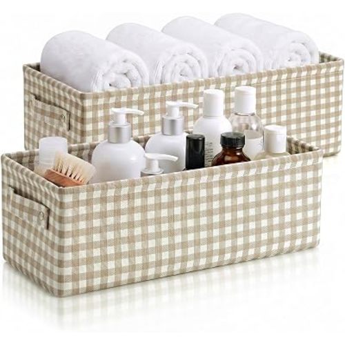 Newtay 2 Pcs Khaki Gingham Narrow Storage Bins Fabric Skinny Basket Small Basket with Handles for Closet Cabinet Countertop Organizing Small Items