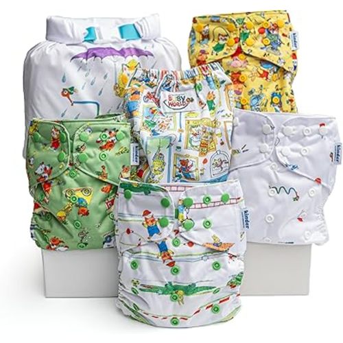 Kinder Cloth Diapers Reusable Baby Diapers Pocket Style Athletic Wicking Jersey, Wet Bag, Newborn to Potty Training 7-60lbs, One Size, Inserts NOT Included (Richard Scarry, 5 Pack, Without Inserts)