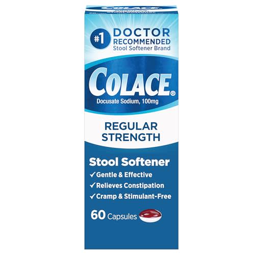 Colace Stool Softener 100 mg, 60 Capsules, Constipation Relief, Docusate Sodium, Gentle Docusate, Stimulant-Free, Regular Strength, #1 Doctor Recommended Stool Softener Brand