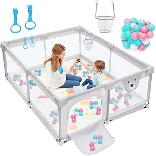 Corralito para bebés pequeños, corralito grande de 71 x 59 pulgadas, patios de juegos de seguridad para bebés, patio grande de fácil montaje para niños pequeños, uso en interiores y