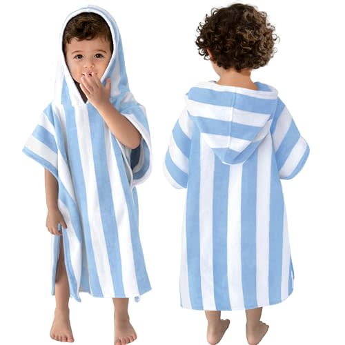 Toddler Poncho Towels with Hood, Oversized (2-4Years,21"X21") Made from 100% Soft Cotton,Absorbent Hooded Towels for Baby Boys,Perfect for Pool | Swimming | Bath | Beach,Light Blue Stripe