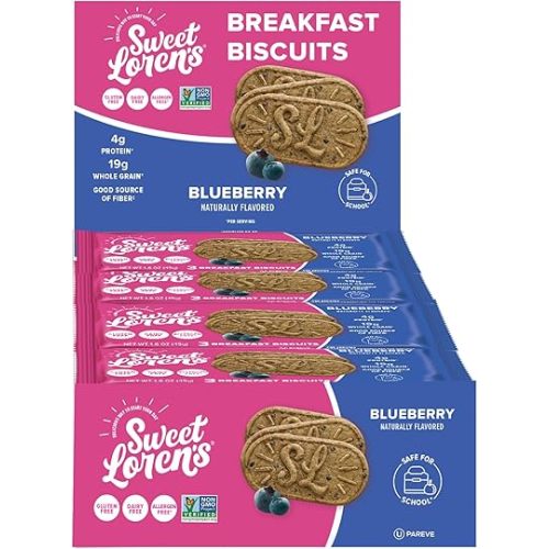 Sweet Loren's Vegan Breakfast Biscuits | Blueberry | 4g Protein, 19g Whole Grains | Plant Based, Gluten Free, Dairy Free, Nut Free Snacks | Grab & Go 8 Pack (24 Total Biscuits, 1.6 ounce each)