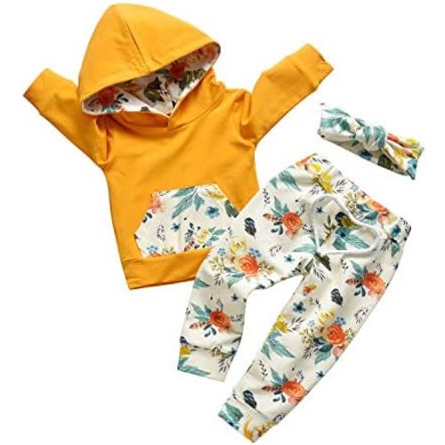 Eghunooy Baby Girl Clothes Long Sleeve Floral Hoodie Sweatshirt Pants with Pocket Headband Outfit Sets