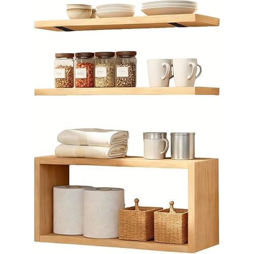 Wall Mounted Floating Shelf, c Long for Bedroom Living Room Kitchen Staircase Bathroom Above Toilet Wall Decoration Book Storage Room Recoration (3piece Set) Natural Wood Color