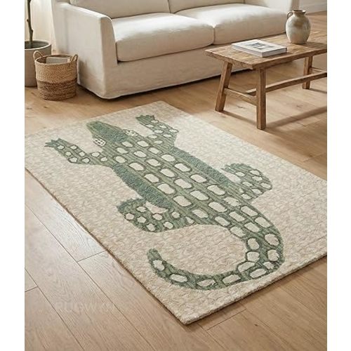 Hand-Tufted Alligator Wool Area Rug – Beige & Green Crocodile Animal Pattern, Soft & Plush Textured Carpet for Bedroom, Kids Room, Living Room & Nursery, & Hallway (Beige, Green, 5' x 8')