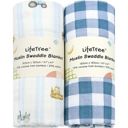 LifeTree Baby Swaddle Blankets, Boys Girls Muslin Swaddling Wrap Receiving Blanket for Newborn, 70% Viscose from Bamboo and 30% Cotton, Large 47" x 47", Car and Checkered
