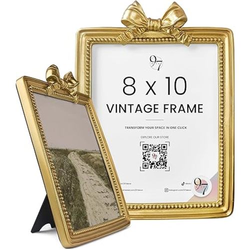 97 Decor 8x10 Vintage Picture Frame - Elegant Antique Frames 8x10 With Glass Front, Fancy Ornate Gold Frame 8 X 10 For Tabletop And Wall Mounting, Bow Photo Frames For Walls Hanging