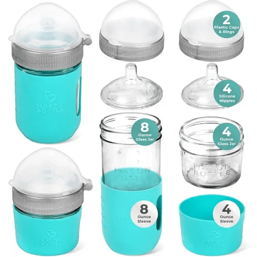 Mason Bottle Baby Glass Bottle Gift Set – Includes 8oz & 4oz Feeding Bottles, Slow & Medium Flow Nipples, Silicone Sleeves, Caps and Rings – BPA-Free, Non-Toxic, Anti-Colic