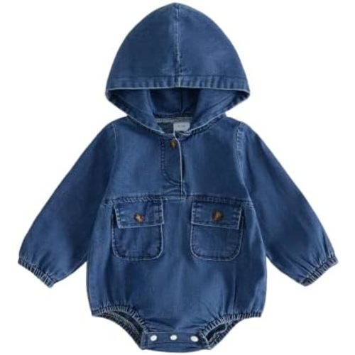 Newborn Baby Boy Fall Clothes Denim Long Sleeve Hooded Romper Jean Bodysuit