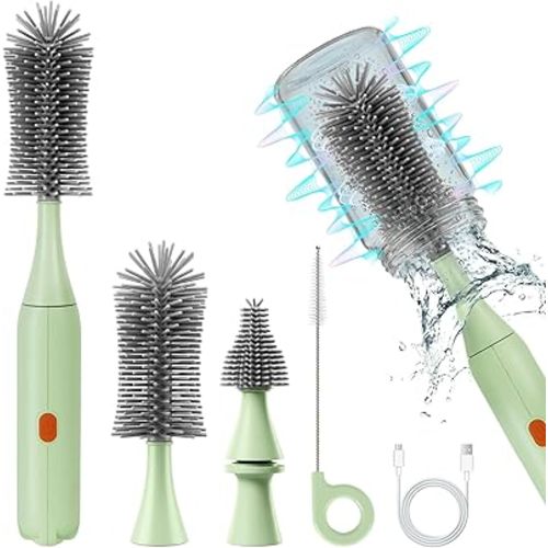 Electric Bottle Brush Cleaner, Rechargeable Electric Baby Bottle Brush Cleaner with 2 Speeds, Silicone Bottle & Straw Brush, Waterproof Portable Baby Bottle Cleaner Kit for Travel & Home, Green
