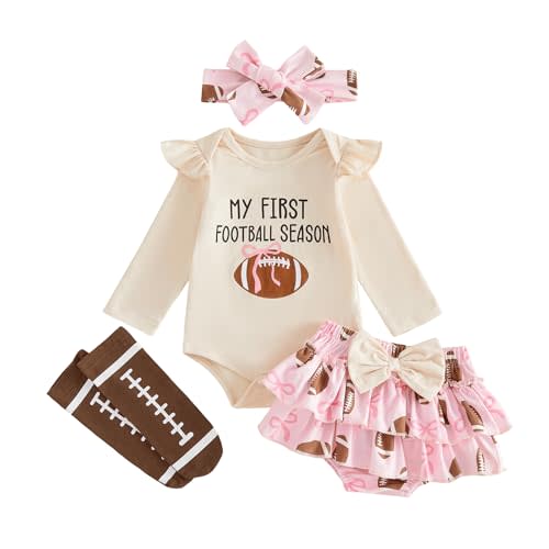 Baby Girl Football Outfit Romper Shorts Bow Headband Socks Set | Baby Football Outfit, Newborn Football Outfit Girl, Football Baby Clothes, Football Game Day Clothes, Newborn Infant Girl